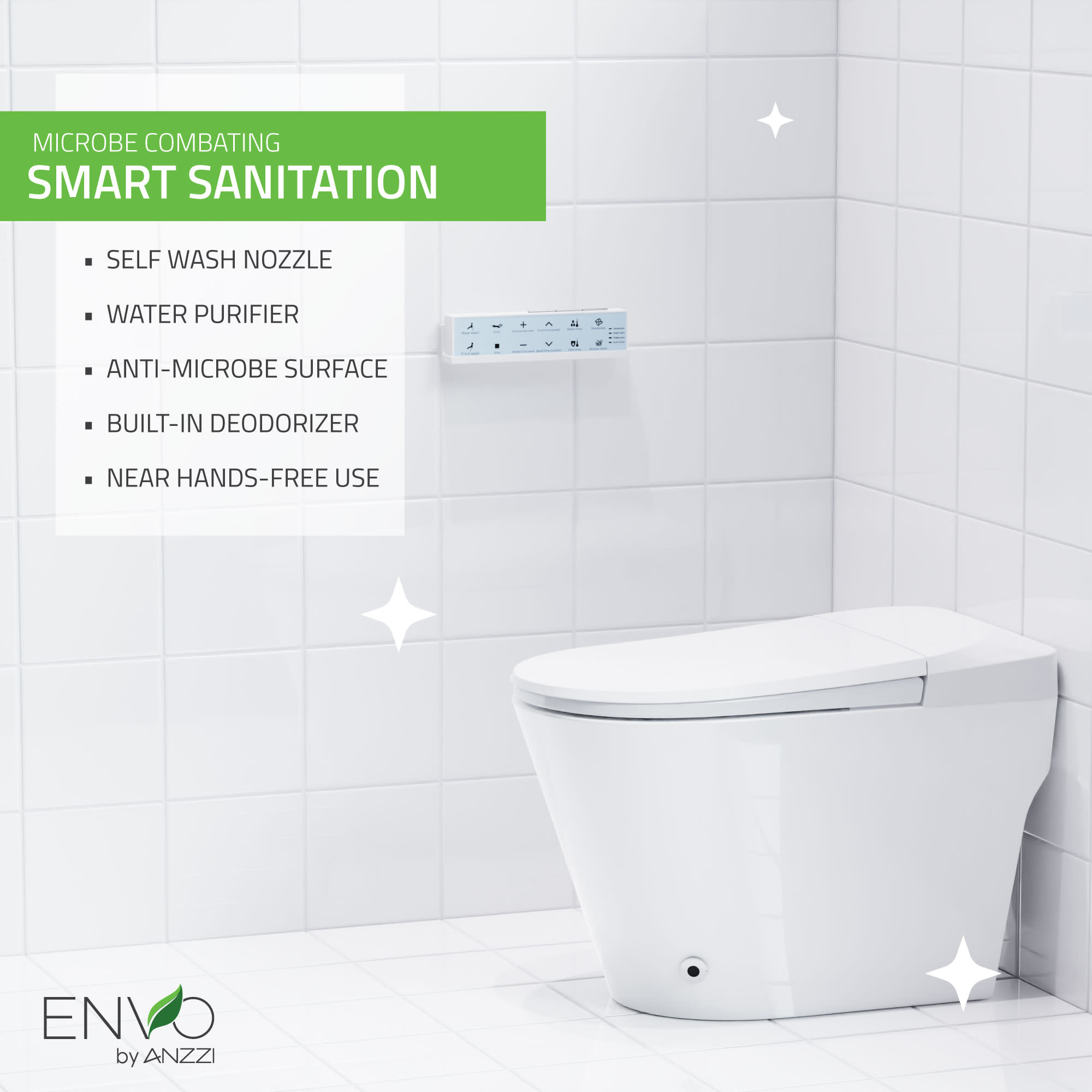 ANZZI ENVO Echo Smart Bidet Toilet (1.28 GPF), Elongated, Touchless Operation (Motion/Foot Sensor, Voice/Wi-Fi), UV Nozzle Sterilization, and Deodorizer