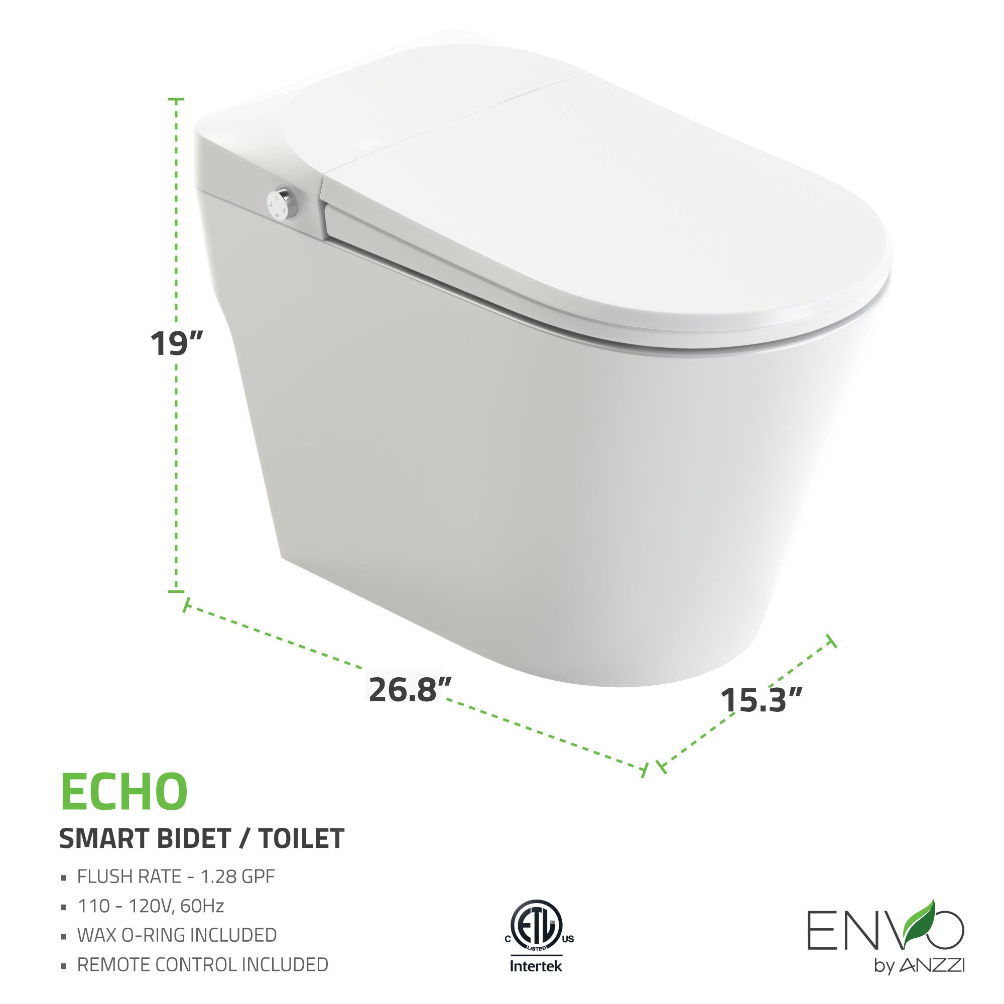 ANZZI ENVO Echo Smart Bidet Toilet (1.28 GPF), Elongated, Touchless Operation (Motion/Foot Sensor, Voice/Wi-Fi), UV Nozzle Sterilization, and Deodorizer