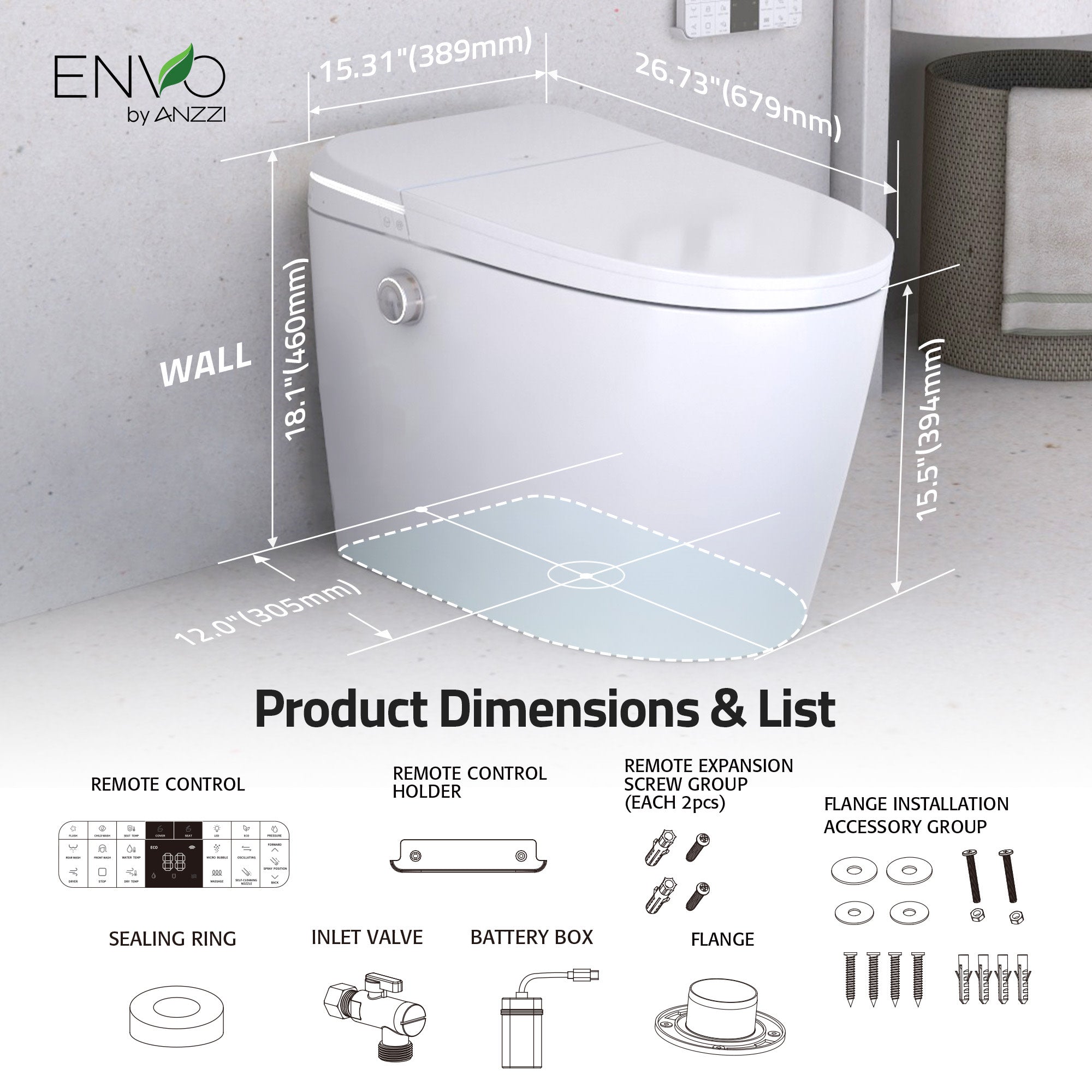 ANZZI ENVO Dia Series 1.28 GPF 1-piece Auto Open Smart Bidet Toilet in White with Dual Flush, Heated Seat, and Foot Sensor