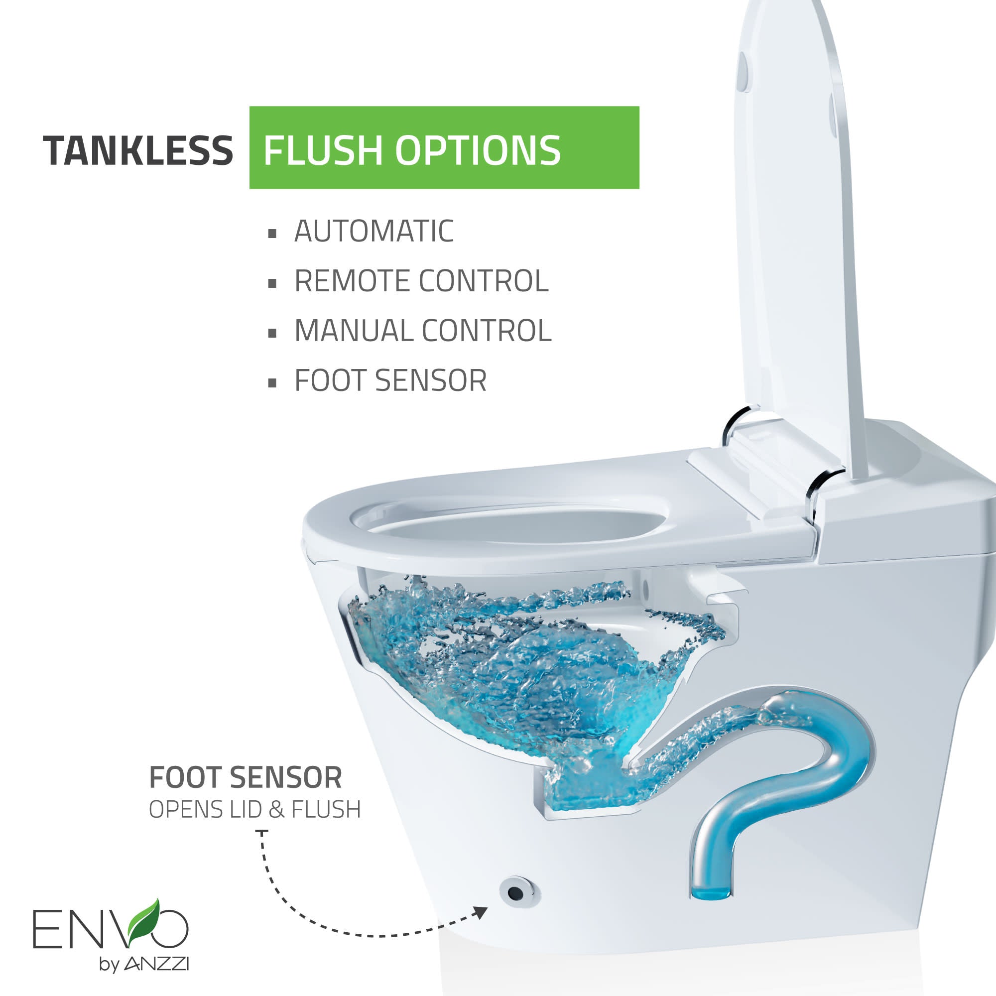 ANZZI ENVO Echo Smart Bidet Toilet (1.28 GPF), Elongated, Touchless Operation (Motion/Foot Sensor, Voice/Wi-Fi), UV Nozzle Sterilization, and Deodorizer
