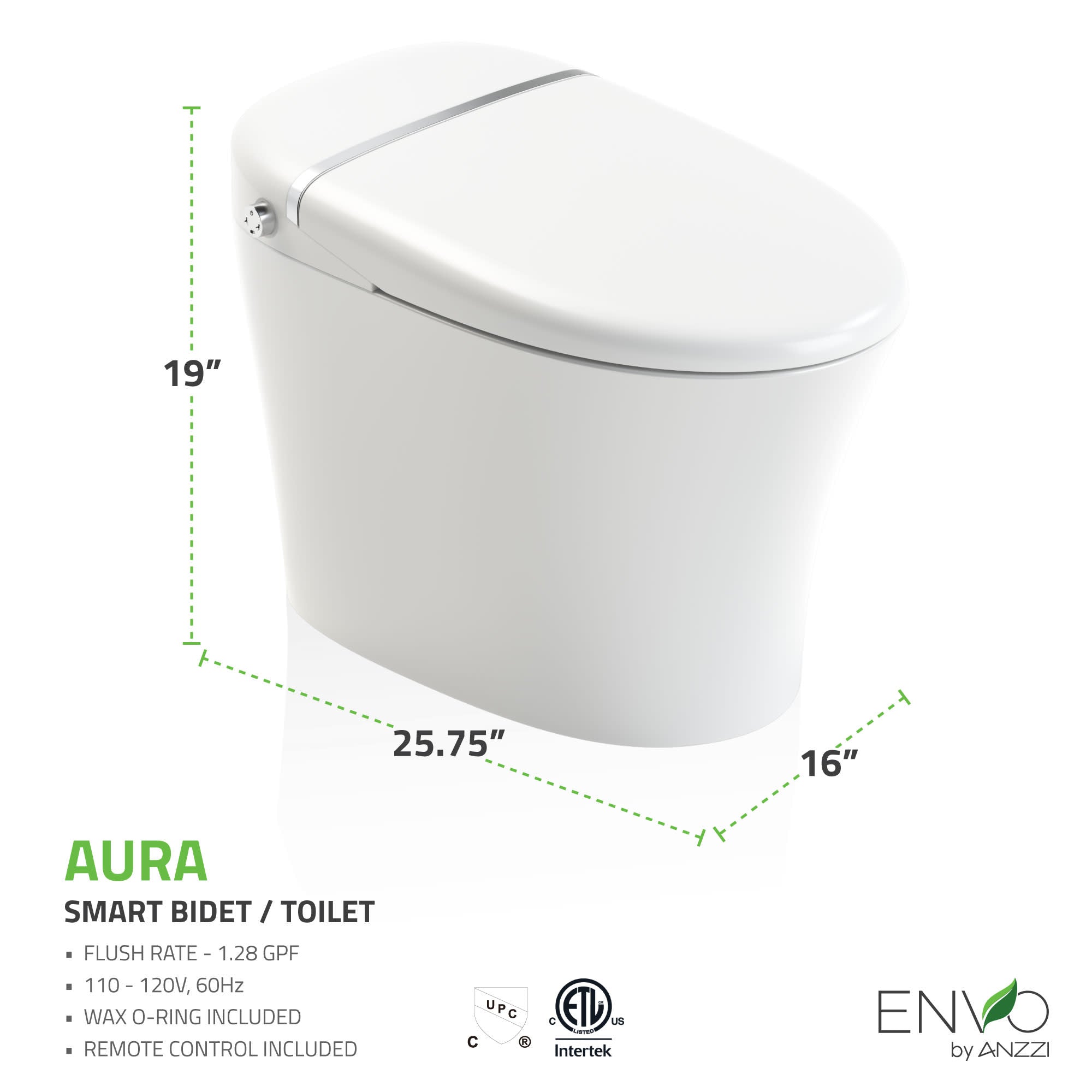 ANZZI ENVO Aura Elongated 1.28 GPF Smart Bidet Toilet in White with Remote Control, Auto Flush, Heated Seat, and Deodorizer