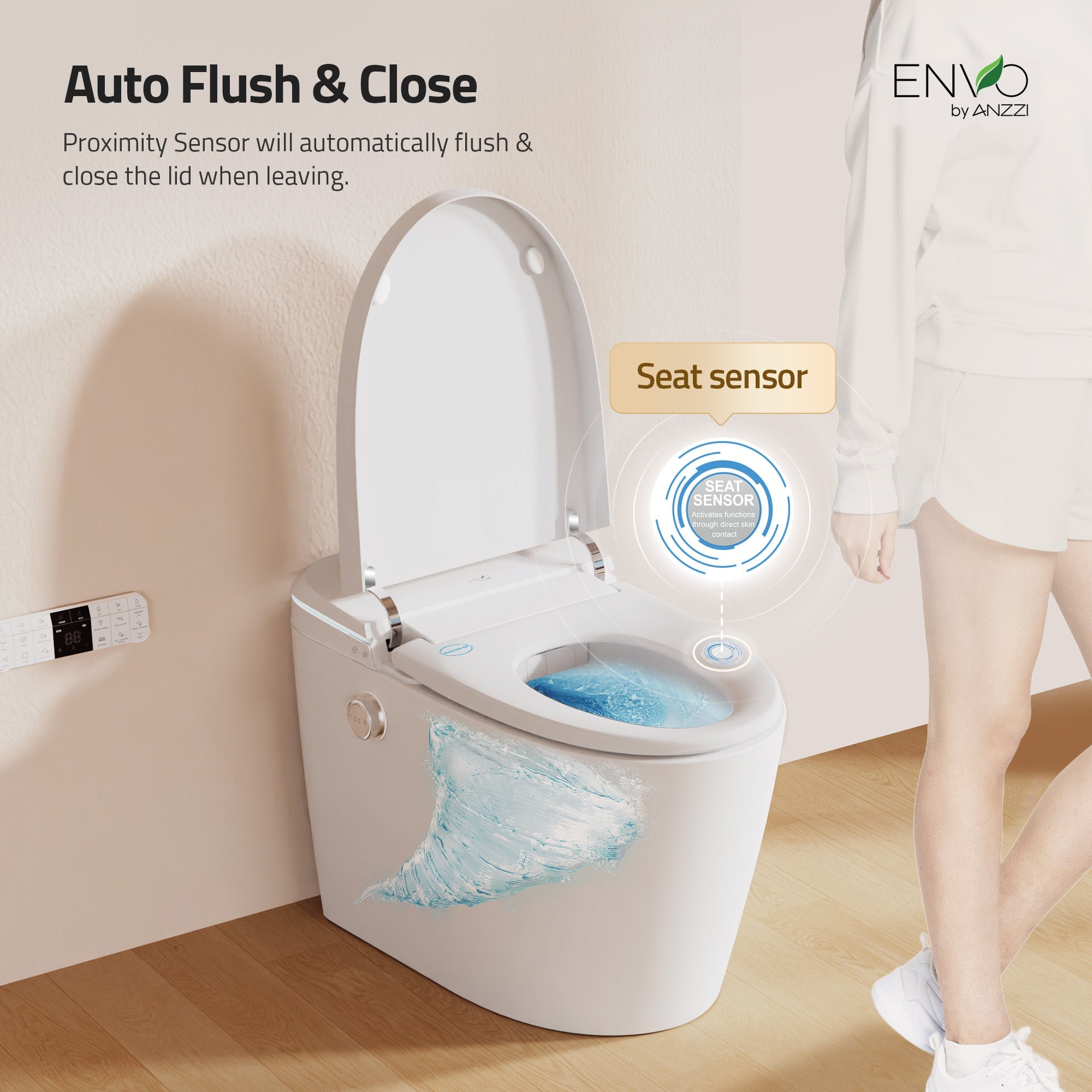 ANZZI ENVO Dia Series 1.28 GPF 1-piece Auto Open Smart Bidet Toilet in White with Dual Flush, Heated Seat, and Foot Sensor
