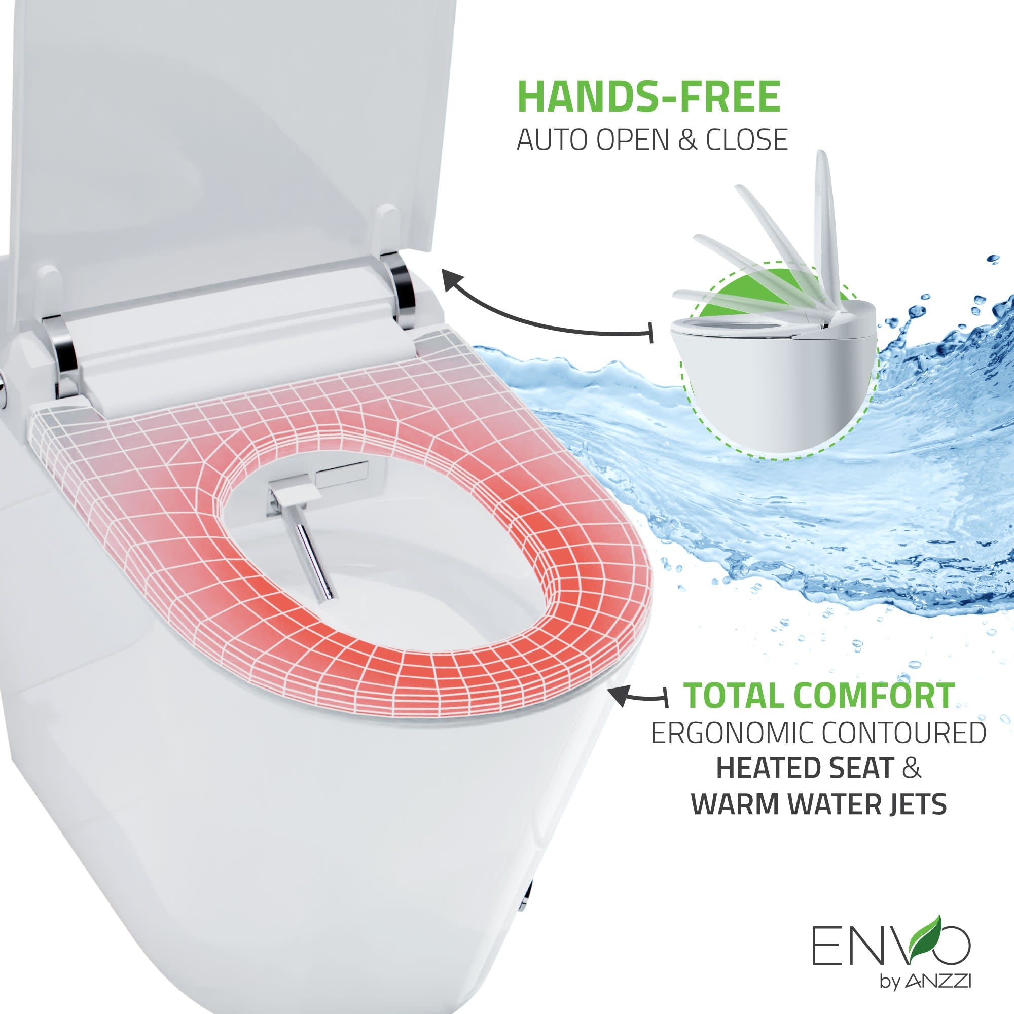 ANZZI ENVO Echo Smart Bidet Toilet (1.28 GPF), Elongated, Touchless Operation (Motion/Foot Sensor, Voice/Wi-Fi), UV Nozzle Sterilization, and Deodorizer