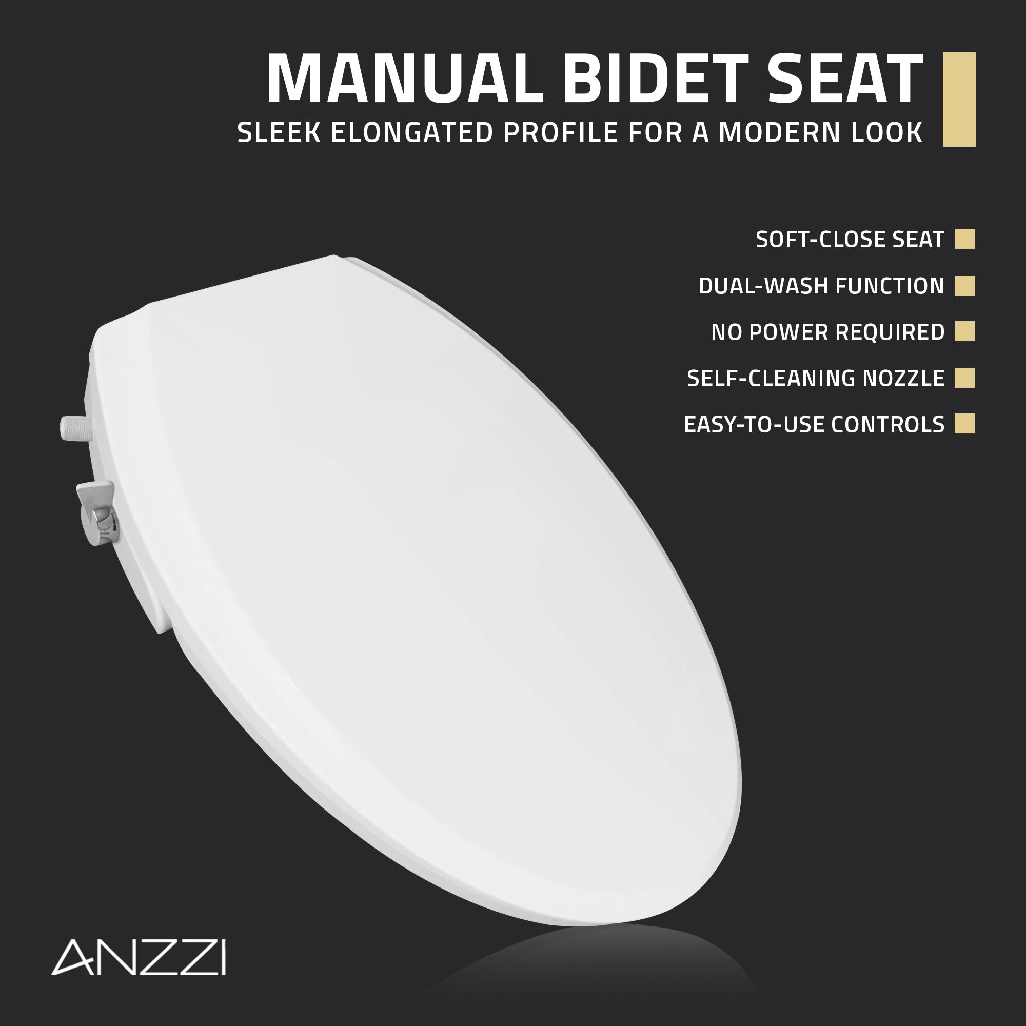 ANZZI Minnow 19 in. Elongated Manual Bidet Toilet Seat in White with Soft-Close Lid and Dual Self-Cleaning Nozzles
