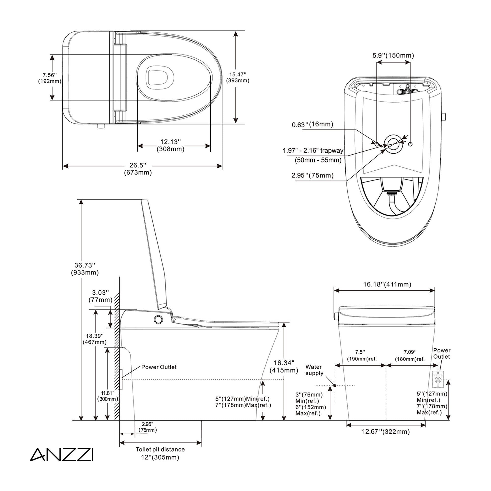 ANZZI Juno 26 in. Smart Toilet and Bidet Set in White with Heated Seat, Front & Rear Wash, Foot Sensor, and Remote Control