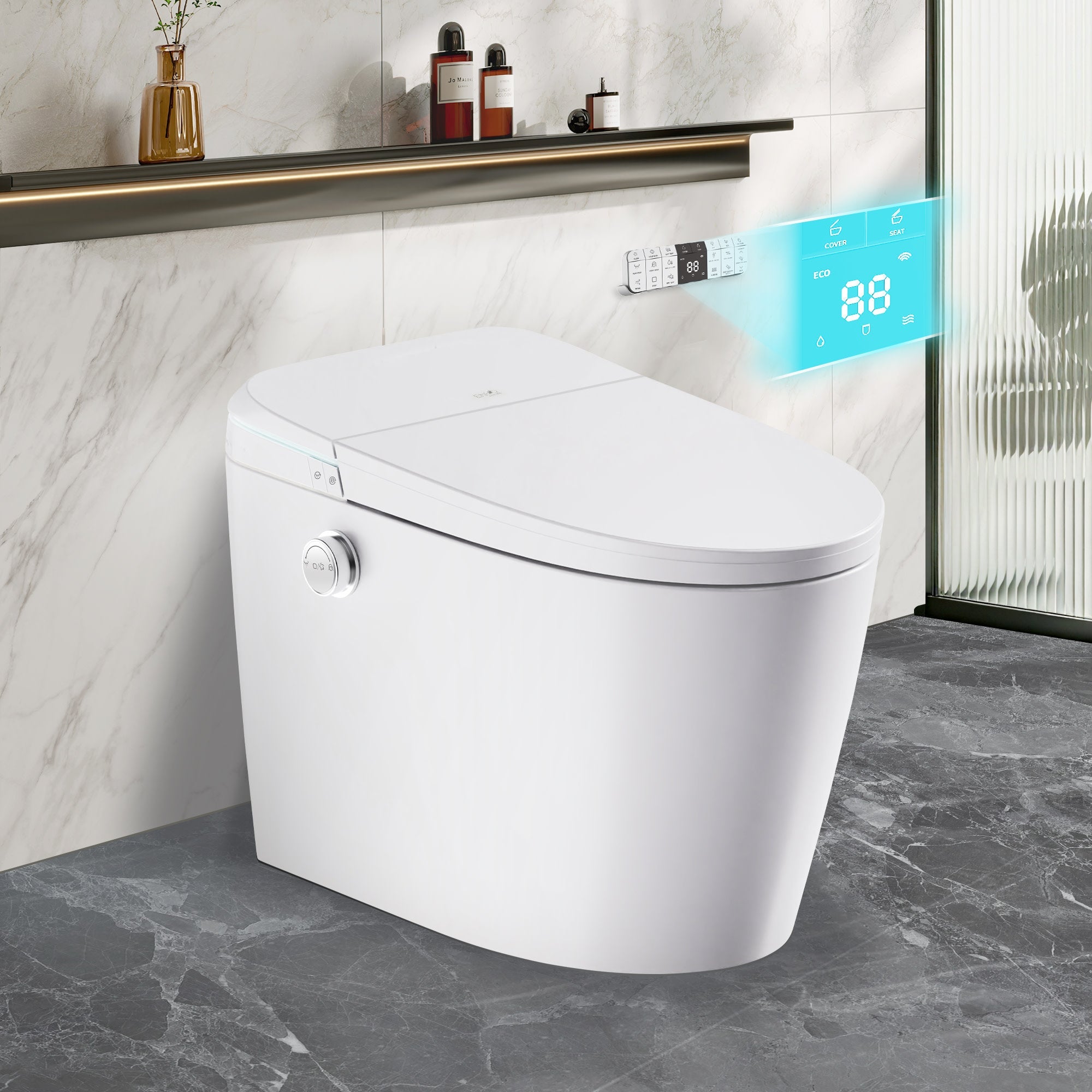 ANZZI ENVO Dia Series 1.28 GPF 1-piece Auto Open Smart Bidet Toilet in White with Dual Flush, Heated Seat, and Foot Sensor