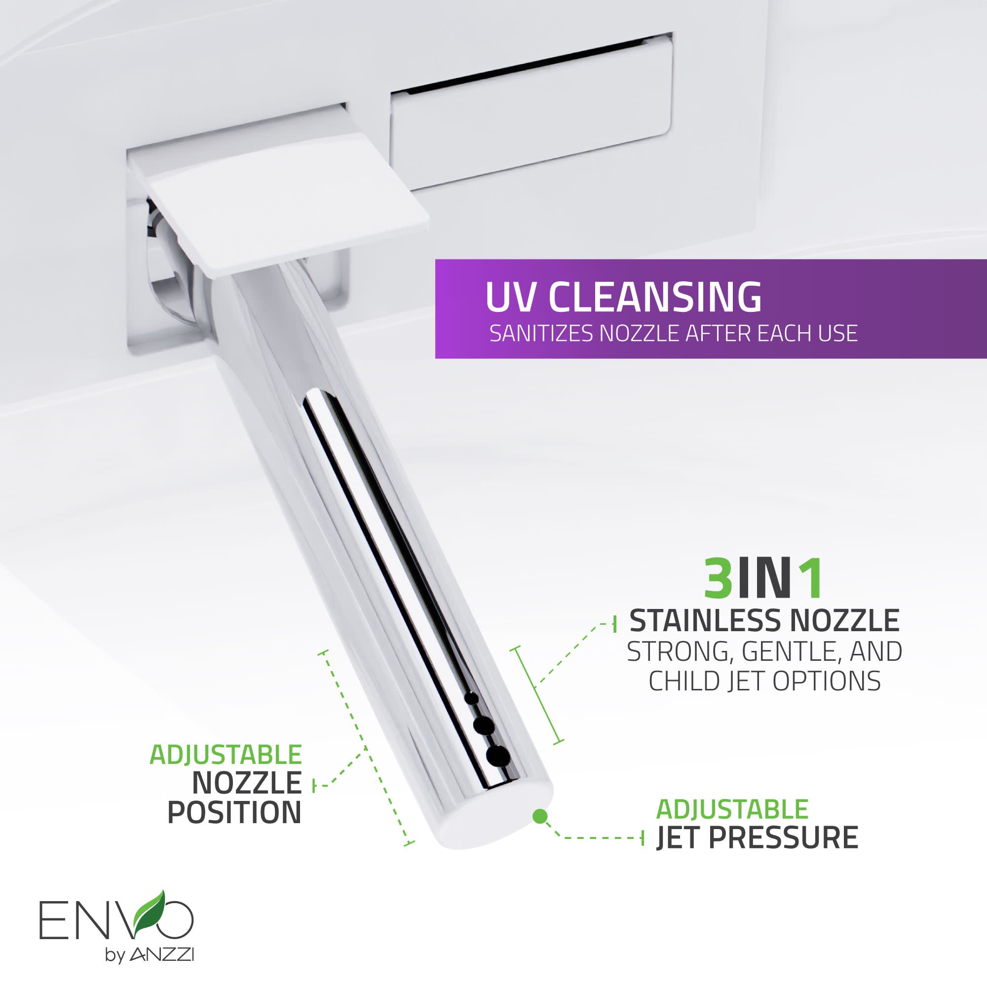 ANZZI ENVO Echo Smart Bidet Toilet (1.28 GPF), Elongated, Touchless Operation (Motion/Foot Sensor, Voice/Wi-Fi), UV Nozzle Sterilization, and Deodorizer